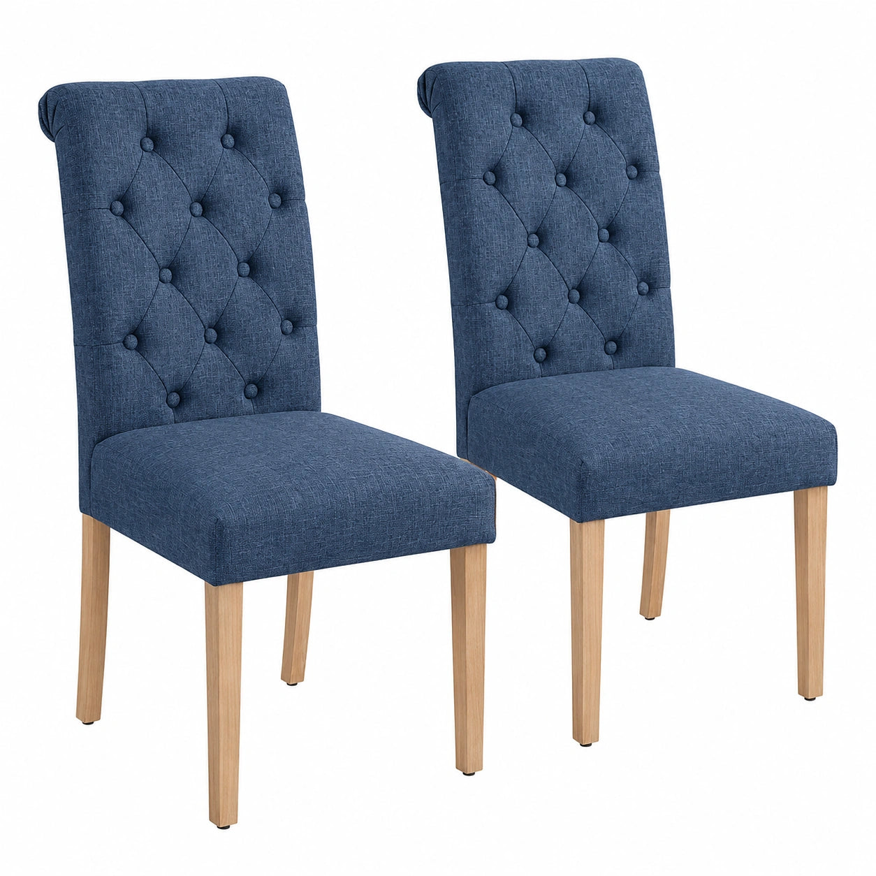 Sillas de Comedor Tapizadas Azul con Respaldo Alto y Patas de Madera - Juego de 2