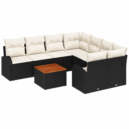 Conjunto Modular de Sofás de Jardín 9 Piezas con Cojines de Ratán Negro y Mesa de Madera
