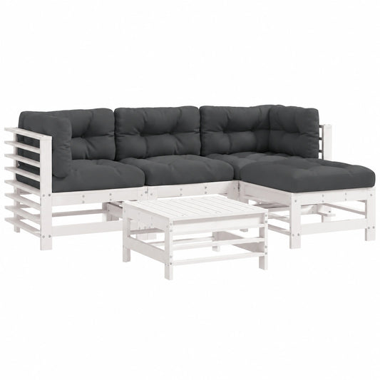 Conjunto de Muebles de Jardín 5 Piezas, Sofá con Reposapiés y Cojines, Madera de Pino